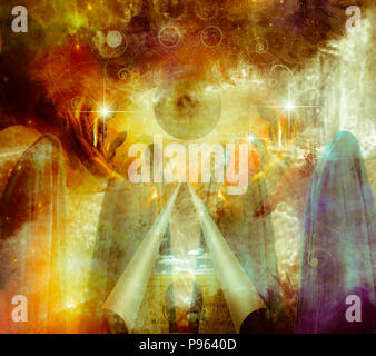 Mistico pittura astratta, colori vivaci con mani grandi occhi, figure drappeggiate in panno e una lacerazione dell'immagine con bordi di curling Foto Stock