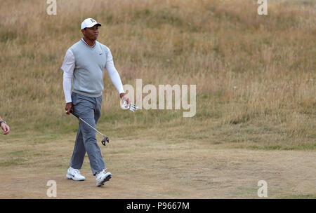 Tiger Woods durante l'anteprima Giorno uno del Campionato Open 2018 a Carnoustie Golf Links, Angus. Foto Stock