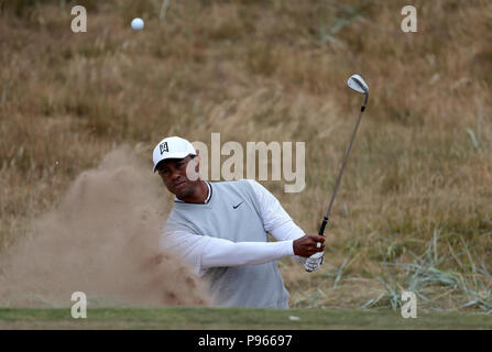 Tiger Woods durante l'anteprima Giorno uno del Campionato Open 2018 a Carnoustie Golf Links, Angus. Foto Stock