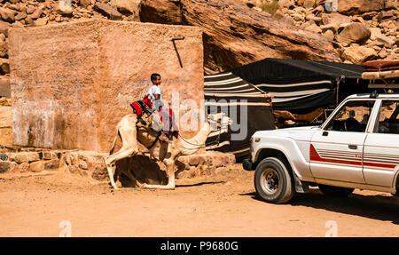 Giovane ragazzo a dorso di un cammello al campo beduino, Wadi Rum vallata desertica, Giordania, Medio Oriente Foto Stock