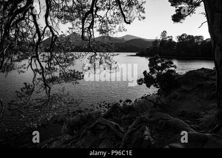 Vista di derwentwater da frati roccioso in bianco e nero Foto Stock