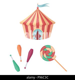 Circus e gli attributi cartoon icone nella raccolta di set per il design. Circus arte simbolo vettore illustrazione stock. Illustrazione Vettoriale