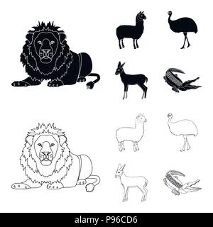 Lama, struzzo emu, giovane antilope, coccodrillo animale. Selvatica Animali, uccelli, rettili set di icone di raccolta in nero,Outline stile simbolo vettore stock illust Illustrazione Vettoriale