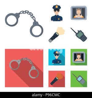 Manette, poliziotto, prigioniero, torcia elettrica.La polizia set di icone di raccolta in cartoon,stile piatto simbolo vettore illustrazione stock . Illustrazione Vettoriale