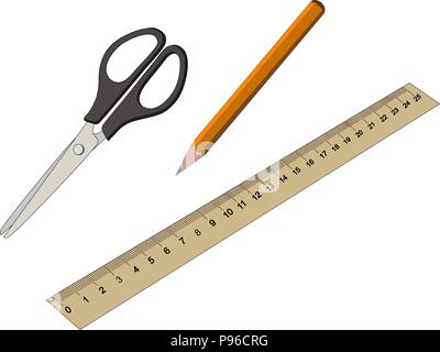 Ufficio di Cancelleria e Scuola articoli insieme tra cui matita forbici righello Foto Stock
