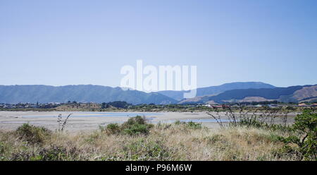 Vista del paesaggio guardando le Waikanae estuario riserva scientifica da Paraparaumu con il Tararua varia in background. Foto Stock