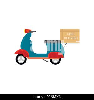 Logistica e consegna servizio icona isolati su sfondo bianco: scooter con confezioni; motocicletta; bike e pacchi. Il servizio postale il design creativo. Illustrazione Vettoriale