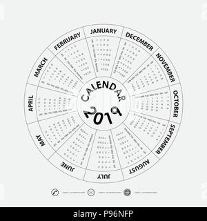 2019 Calendario modello.Cerchio calendario modello.Il Calendario 2019 Set di dodici mesi.inizia da domenica.calendario annuale vector design modello di cancelleria.Ve Illustrazione Vettoriale