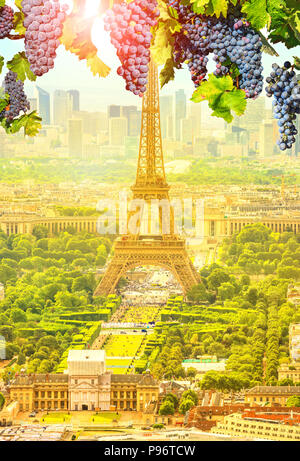 Il telaio delle uve rosse appese sulla Tour Eiffel paesaggio al tramonto a Champ de Mars.stagionale pittoresco sfondo verticale del vino francese terra di Francia in Europa. Scenic dello sfondo con la Torre Eiffel Foto Stock