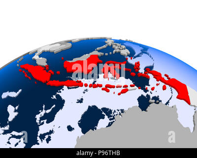 Indonesia evidenziata in rosso sul globo politico con trasparente degli oceani. 3D'illustrazione. Foto Stock