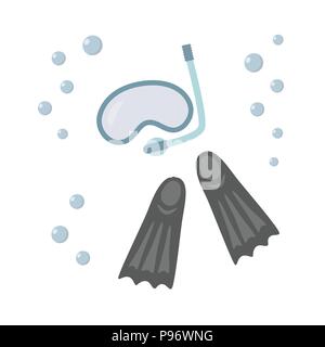 Snorkel, pinne isolati su sfondo bianco. Blue maschera subacquea, snorkeling e coppia di pinne di colore grigio. Le pinne, scuba mask e il tubo. Bolle di acqua Illustrazione Vettoriale