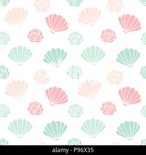 Carino colorato estate vettore seamless pattern illustrazione dello sfondo con conchiglie e rose Illustrazione Vettoriale