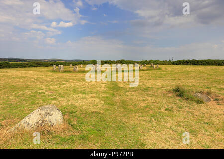 Merry Maidens neolitico stone circle, noto anche come Dawn è uomini presso il St Buryan vicino a Penzance, Cornwall, Inghilterra, Regno Unito. Foto Stock