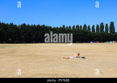 WImbledon Londra UK. Il 15 luglio 2018. Una donna a prendere il sole sulla riarsa erba di Wimbledon Park su un caldo bruciante giorno come le temperature sono previsti per raggiungere 31C Credito: amer ghazzal/Alamy Live News Foto Stock