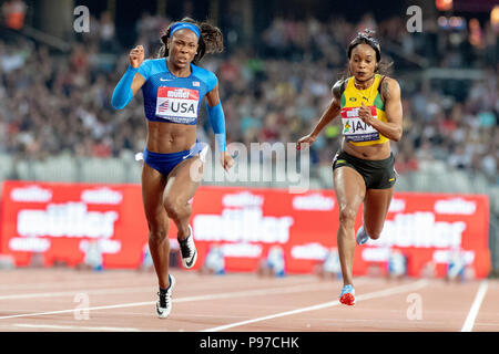 Londra, Regno Unito. Il 14 luglio 2018. Ashley Henderson (USA) battere il campione olimpico Elaine Thompson (JAM) nel 2° posto nelle donne 100m all'Atletica World Cup al London Stadium, Londra, grande Britiain, il 14 luglio 2018. Credito: Andrew Torba/Alamy Live News Foto Stock