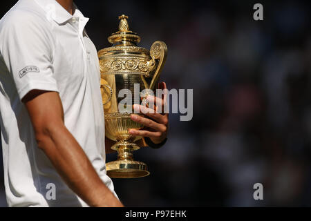 Londra, Regno Unito. Il 15 luglio 2018. Novak Djokovic di Serbia celebra battendo Kevin Anderson del Sud Africa a conquistare gli Uomini Singoli Final del giorno thirteeen del Wimbledon Lawn Tennis campionati a tutti England Lawn Tennis e Croquet Club sulla luglio 15, 2018 a Londra, Inghilterra. Persone: Novak Djokovic Credito: tempeste Media Group/Alamy Live News Foto Stock