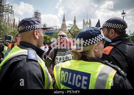 Londra, Regno Unito. Il 14 luglio 2018. Anti-fascisti manifestanti si scontrano con la destra ala-pro-Trump, 'Free Tommy Robinson' sostenitori e la polizia di Westminster come Donald Trump visite di Londra. Credito: Guy Corbishley/Alamy Live News Foto Stock