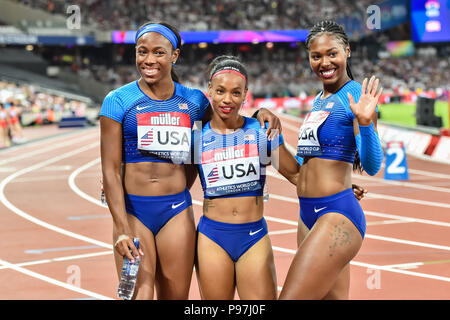 Mikiah Briscoe, Aaliyah Brown, Ashley Henderson e Dezerea Bryant (USA) dopo le Donne Staffetta 4 x 100m durante l'Atletica World Cup Londra 2018 a Londra Stadium di Domenica, 15 luglio 2018. Londra, Inghilterra. Credito: Taka G Wu Foto Stock