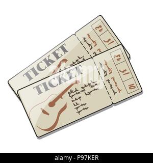 Due biglietti per un concerto di chitarra musica dal vivo, Chanson, rock, ballate romantiche. Serie di inviti a eventi con iscrizioni. Vector cartoon close-up illustrazione. Illustrazione Vettoriale