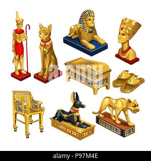 Set di attributi e gioielli sul tema dell antico Egitto isolato su sfondo bianco. Statuetta d'oro a forma di testa di Cleopatra, animali sacri. Illustrazione Vettoriale. Illustrazione Vettoriale