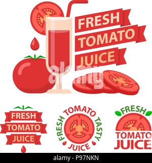Il succo di pomodoro e fette. Badge e gli emblemi del succo di pomodoro per montare e di condurre una vita sana. Il vettore di elementi realizzati in stile appartamento. Illustrazione Vettoriale