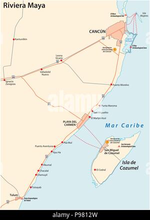 Riviera Maya road mappa vettoriale, Quintana Roo, Messico Illustrazione Vettoriale