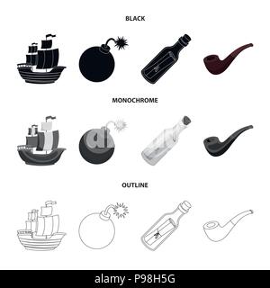 Pirata, bandit, nave a vela .Pirati set di icone di raccolta in nero,monocromatico, Outline stile simbolo vettore illustrazione stock . Illustrazione Vettoriale