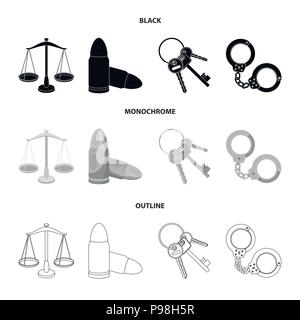 Scale di giustizia, cartucce, un mazzo di chiavi, manette.prigione set di icone di raccolta in nero,monocromatico, Outline stile simbolo vettore stock illustrati Illustrazione Vettoriale