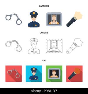 Manette, poliziotto, prigioniero, torcia elettrica.La polizia set di icone di raccolta in cartoon,contorno,stile piatto simbolo vettore illustrazione stock . Illustrazione Vettoriale