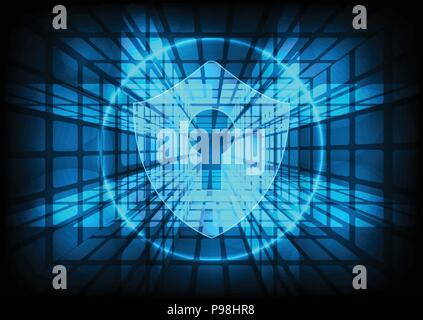 Cyber security concetto: scudo con la tecnica Keyhole icona Dati digitali sullo sfondo. Illustrazione Vettoriale