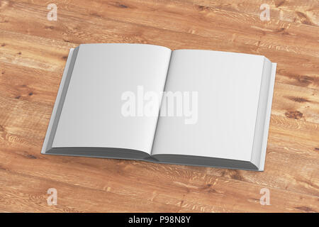 Libro aperto con coperchio bianco e pagine vuote isolato su sfondo di legno. 3D render Foto Stock