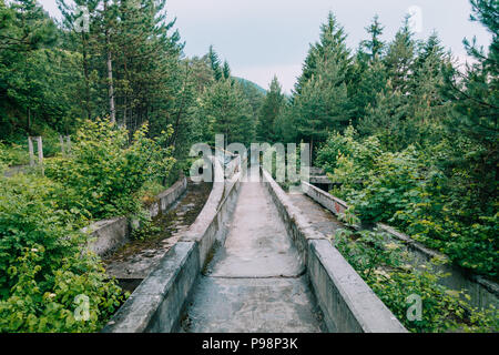 Ora il calcestruzzo in disuso del 1984 Sarajevo Olympic di bob e slittino curve traccia attraverso la foresta, coperto di graffiti Foto Stock