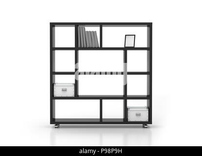 Libreria nero ripiani su ruote isolati su sfondo bianco. Includere il percorso di clipping. 3D render Foto Stock