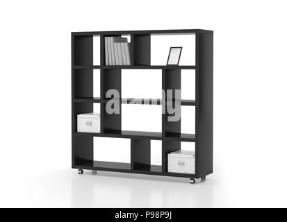 Libreria nero ripiani su ruote isolati su sfondo bianco. Includere il percorso di clipping. 3D render Foto Stock