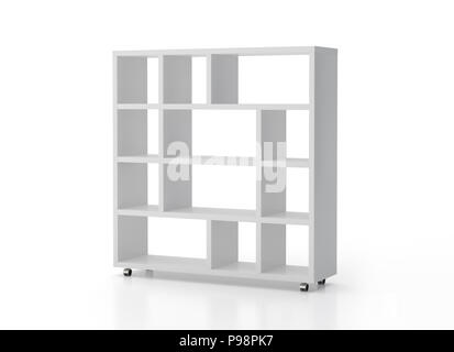 Bianco vuoto libreria ripiani su ruote isolati su sfondo bianco. Includere il percorso di clipping. 3D render Foto Stock