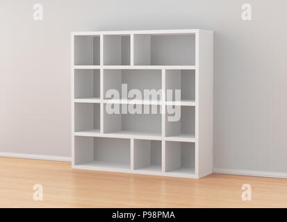 Vuoto bianco Ripiani libreria isolato in interni. Includere il percorso di clipping. 3D render Foto Stock