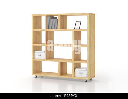 Libreria in legno Scaffali su rotelle isolati su sfondo bianco. Includere il percorso di clipping. 3D render Foto Stock