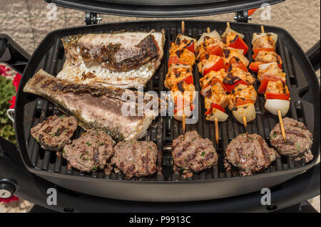 Pesci, spiedini di pollo e polpetta alla griglia Foto Stock