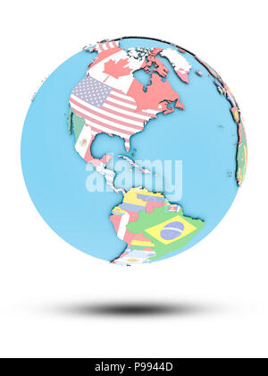 Bahamas sul globo politico con le bandiere nazionali isolati su sfondo bianco. 3D'illustrazione. Foto Stock