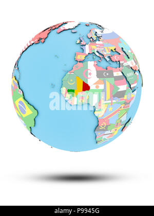 Mali sul globo politico con le bandiere nazionali isolati su sfondo bianco. 3D'illustrazione. Foto Stock