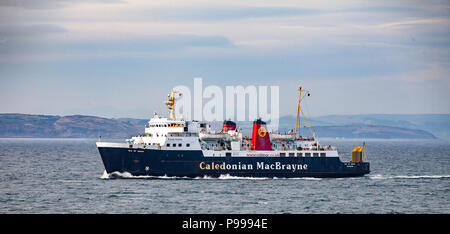 Caledonian MacBrayne MV dell isola di Arran, l'estate supplementari di traghetto per trasporto auto e passeggeri sulla corsa tra Ardrossan e Brodick. La Scozia, Regno Unito. Foto Stock