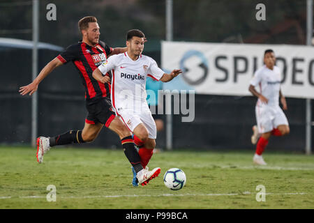 La Manga Club, Spagna. 14 Luglio, 2018. Durante la stagione estiva, amichevole tra AFC Bournemouth, dal Premier League, vs Sevilla FC, da LaLiga. © ABEL Foto Stock