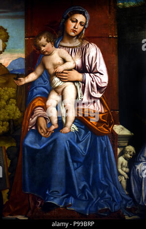 Madonna con il Bambino in trono tra i Santi Benedetto e Guistina - La Madonna in trono col Bambino tra i Santi Benedetto e Guistina da Giampietro Silvo 1495 - 1551 Italia Italiano Foto Stock