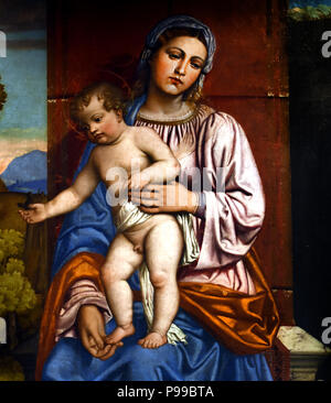 Madonna con il Bambino in trono tra i Santi Benedetto e Guistina - La Madonna in trono col Bambino tra i Santi Benedetto e Guistina da Giampietro Silvo 1495 - 1551 Italia Italiano Foto Stock