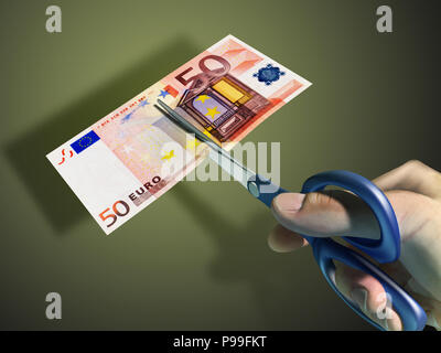 Mano maschio utilizzando delle forbici per tagliare un 50 euro bill. Illustrazione Digitale, percorso di clipping incluso. Foto Stock