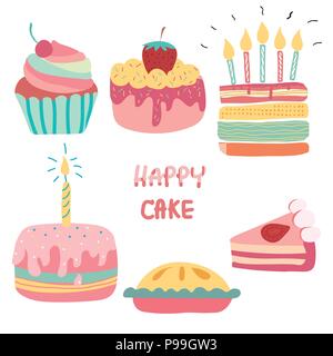 Doodle disegnati a mano rainbow carino torta di compleanno Illustrazione Vettoriale