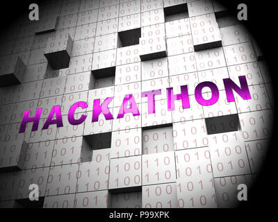 Hackathon codice software dannoso Hack il rendering 3d mostra la cibercriminalità Coder convenzione contro le minacce spyware o virus Foto Stock