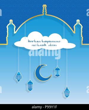 Eid al-Adha saluto in turco con cupola e lanterne. Tutti gli oggetti sono in diversi strati e i tipi di testo non è necessario alcun font. Illustrazione Vettoriale