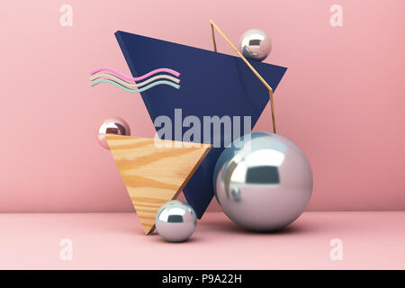 Forme geometriche sulla scena minima con sfondo rosa il rendering 3D Foto Stock