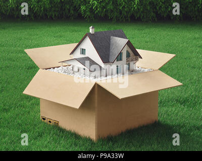 Nuova casa in una scatola, casa verde, ambiente, 3D render illustrazione Foto Stock